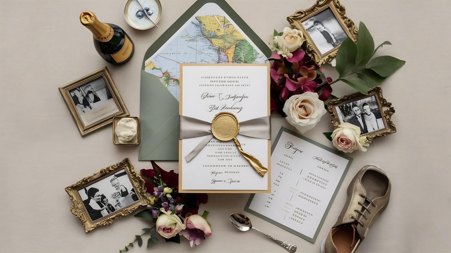 invitaciones de boda originales para 2026, de un bodegón plano con tarjeta caligrafiada blanca con cinta gris y sello de lacre dorado, sobre verde oliva con forro de mapa costero detallado, marcos dorados antiguos con fotos en blanco y negro, champán, flores frescas, un menú y una zapatilla de ante, ideal para inspirar bodas rurales con estilo en Aldea Tejera Negra